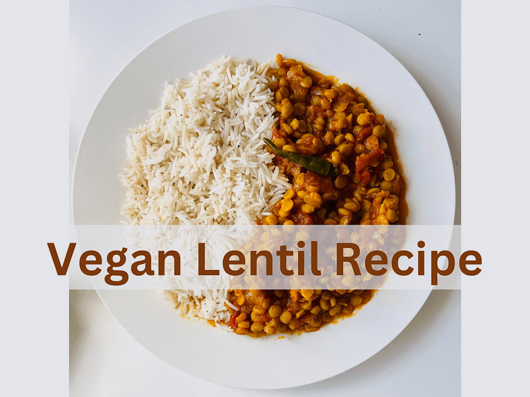 cooked lentil and rice in a white plate.