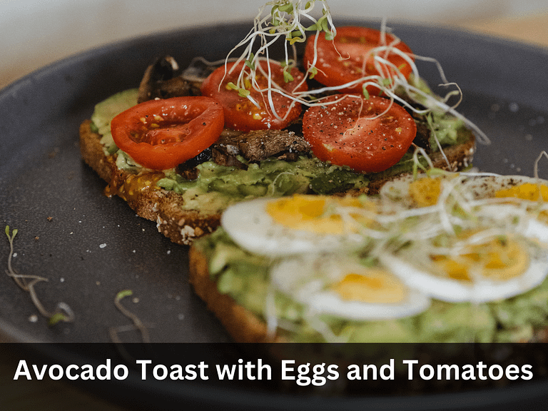 2 Bread slices with avocado, tomato and eggs and some sprouts